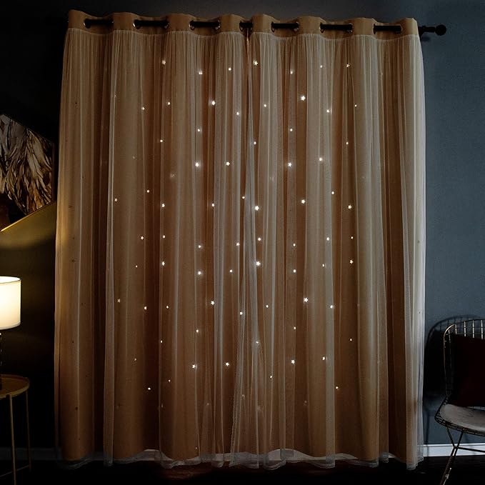 Kinryb Sheer Overlay Curtains for Girls Bedroom, 84 Inches Grey Double Layer Panles with Star Cutout for Kids Room (52 W x 84 L Inches,2 Pcs Yellow)