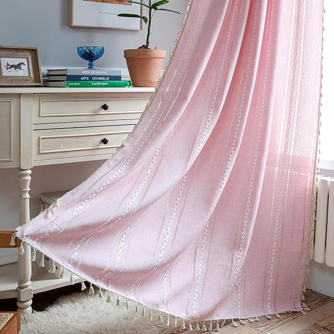 Deeprove Pink Boho Linen Curtains 72 inches Length for Blush Baby Girl Bedroom Living Room Dining Nursery, Hollow Semi Sheer Curtains Darkening Embroidery Drape Window Treatment, 1 Panel W52 x L72