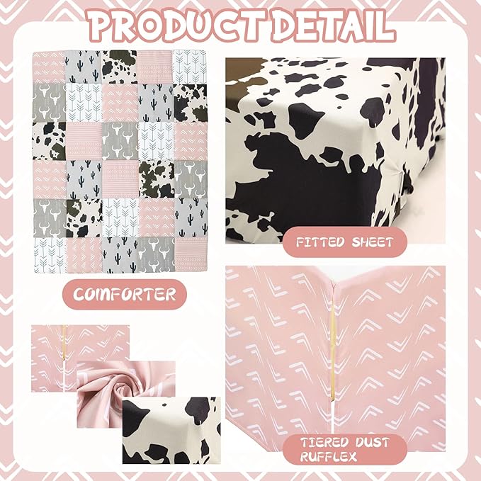 3 Piece Patchwork Western Crib Bedding Set for Boys Girls Cow Cactus Print Baby Bedding Barnyard Western Nursery Decor Soft Baby Bed Set Includes Quilt Fitted Crib Sheet Bed Skirt (Cowgirls)