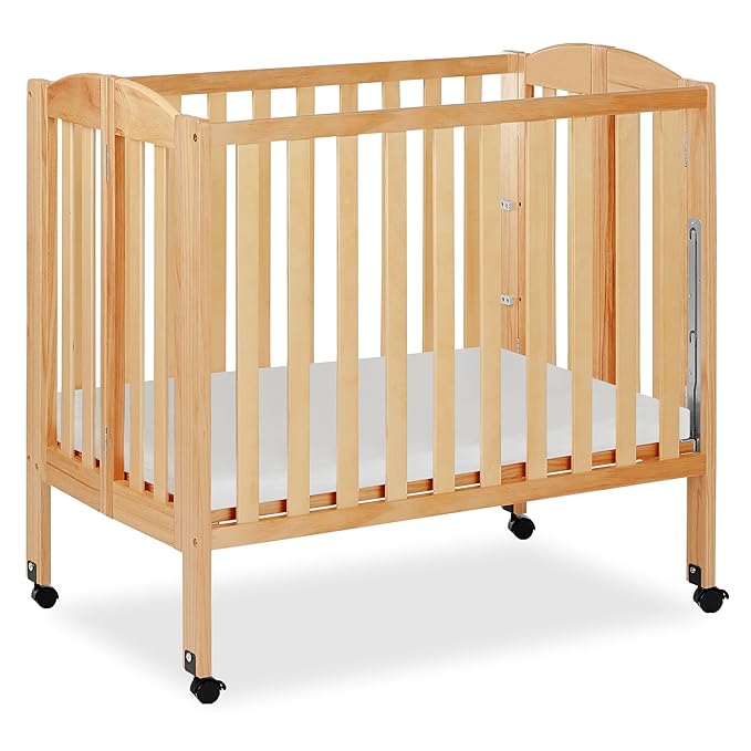 Dream On Me 3-in-1 Portable Folding Stationary Side Mini Baby Crib in Natural & Mattress, GreenGuard Gold & JPMA, Use as Changer & Playpen, Locking Wheels, 3 Mattress Heights, Extra Firm Mattress