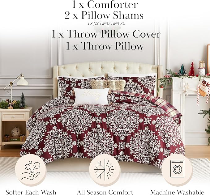 Southshore Fine Living, Inc. 4-Piece Christmas Bedding Twin Set, Twin/Twin XL Christmas Comforter Set, White & Red Plaid Comforter, 2 Throw Pillows, 1 Sham, Holiday Bedding - Christmas Carol