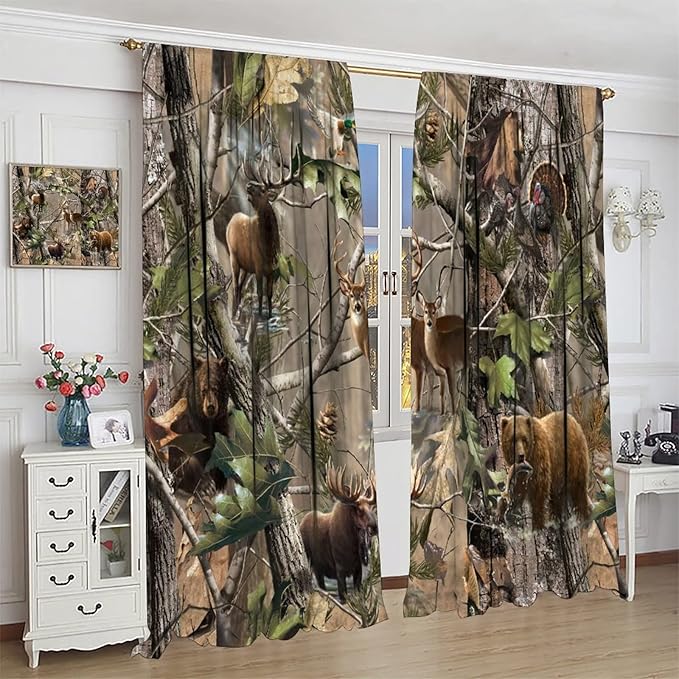 Retro Forest Window Curtains, Camouflage Hunting Tree Camo Rustic Deer Elk Bird Bear Blackout Rod Pocket Windows Door Curtain for Bedroom Living Room Home Decor 55x63in