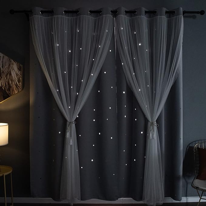 Kinryb Kids Star Cutout Blackout Curtains for Bedroom/Living Room,2 Free Tiebacks Sheer Overlay 72 Inches 2 Panel Set, Double Layer Curtains for Kids Room(W52 x L72 Inches,Greyish White 2 Pcs)