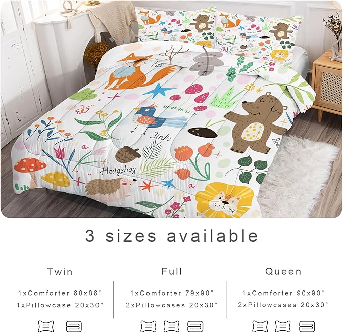 Kids Comforter Set Full: Cute Safari Woodland Bedding Set Cartoon Forest Animals Quilt for Boys Girls Teens Zoo Animal Fox Bear Lion Jungle 3 Piece Duvet Bed Sets
