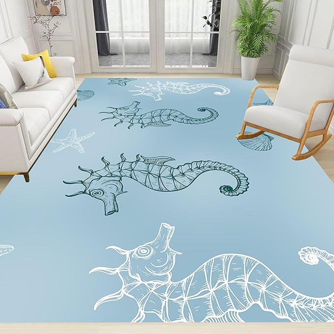 Seahorse Starfish Area Rugs, 6x8ft, Coastal Marine Animal Shell Nautical Rug for Bedroom, Pet Friendly Absorbent Carpet, Floor Decor Dirty Resistant Durable Mat for Bath Room Girls Boys