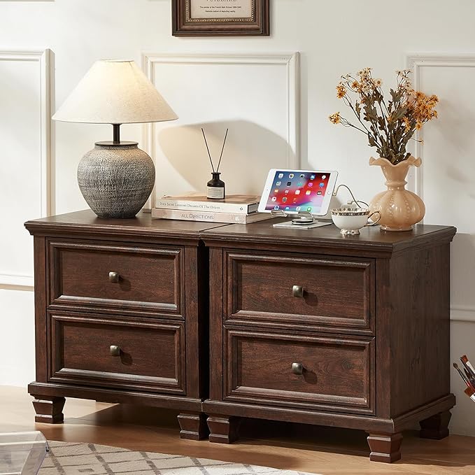 Farmhouse Bedroom Dresser and Nightstand Set of 4, 6 Drawer Low & 5 Drawers Dresser & 2 Drawer Nightstand Set, Rustic Wood Furniture Set for Bedroom, Hallway, Walnut
