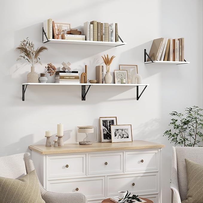 Heimlove White Deep Floating Shelves for Wall, 30W x 8D Wood Wall Shelves Set of 2, Wide Floating Bookshelf for Living Room, Kitchen, Office, Bedroom and Decor Storage, with Black Bracket - White