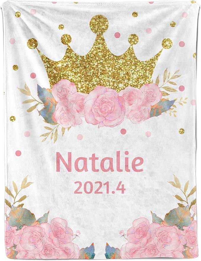 Ship Next Day, Personalized Baby Blanket For Girls, Custom Baby Receiving Blanket With Name, Newborn Swaddle Toddlers Blankets, Customized Crown Flower Kids Blankets For Babies Shower Birthday Gifts