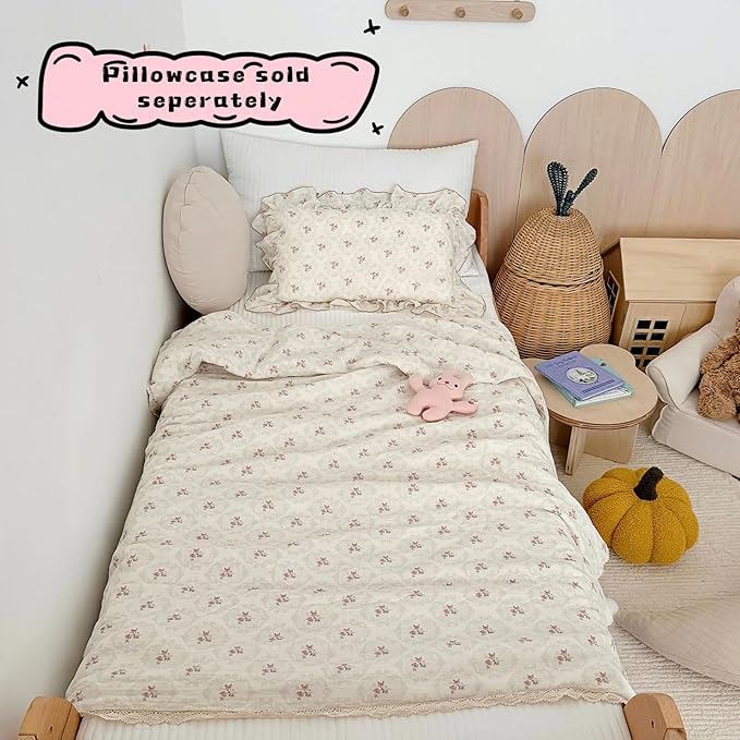 BuLuTu Vintage Princess Style Pink Floral Girls Kids Quilt, Muslin Children Bed Blanket Soft Lightweight Toddler Girls Comforter with Lace Edges, 60"x78",Begonia Print, Machine Wash