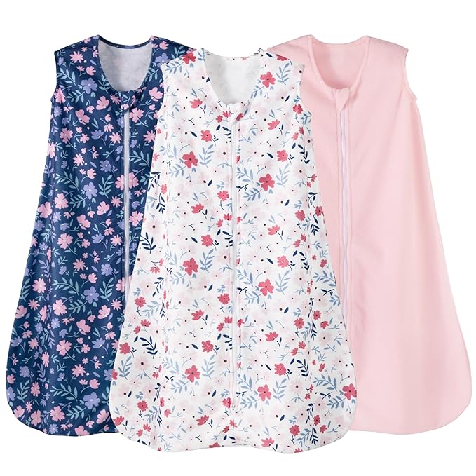 david's kids 3 Pack Warm Micro Fleece Baby Sleep Sack 6-12 Months, Soft Baby Wearable Blankets with 2-Way Zipper, Comfy Winter Sleeping Bags for Infant Newborn Girls Neutral, Medium Size, Floral