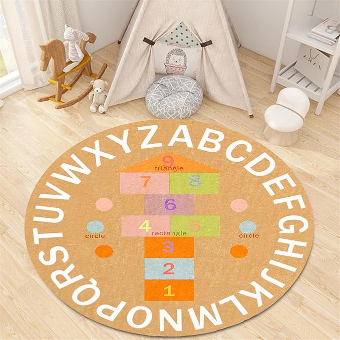 Children's Game Round Rug,3.3ft,ABC Alphabet Rug, Fun and Educational Hopscotchrug, Soft Non-Slip Children's Room Rug for Classroom, Nursery, Playroom, Playmat