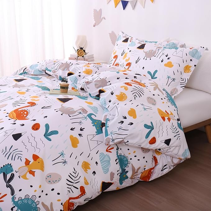 JSD Dinosaur Kids Duvet Cover Set Twin Size, 2 Piece Soft Printed Microfiber Bedding Comforter Cover with Pillow Sham Zipper Closure, Comforter Not Included