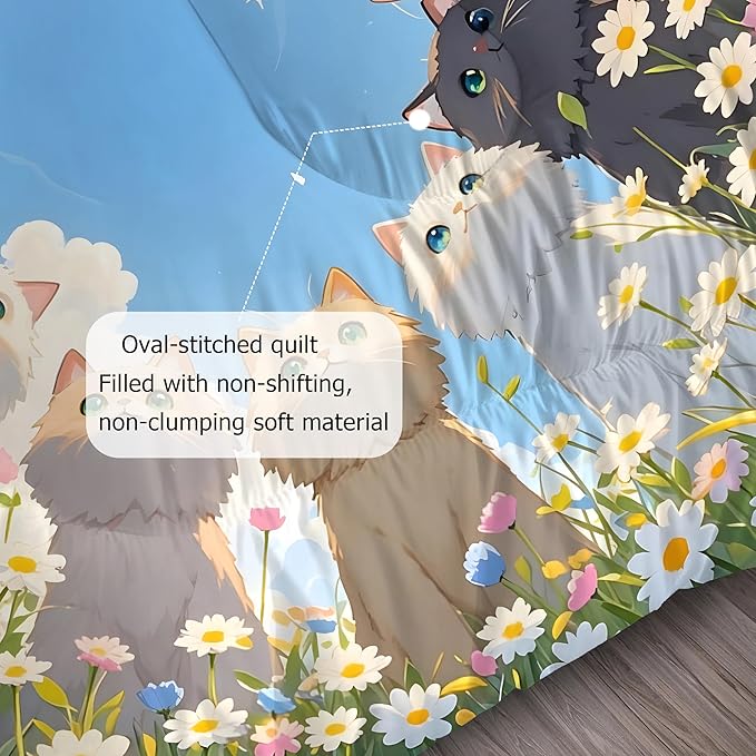 Cats Comforter Set Queen: Kawaii Floral Cat Bedding Set Daisy Kitten Blue Sky Quilts Cartoon Flowers Feline Cute Pets Bed Sets for Women Girls Tween Adults 3 Piece