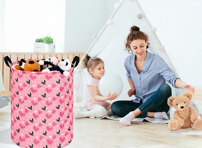 KUNRO Heart Valentine's Laundry Gift Basket Storage Hamper, Kids Toys and Clothes Storage Organizer Bins, Toy Shelf Basket with Handles for Room Decor