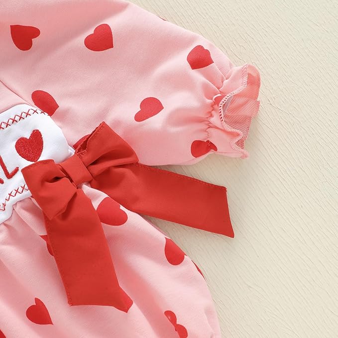 Amiblvowa Baby Girl Valentines Day Outfit Embroidery Love Heart Smocked Bubble Romper Bodysuit Cute Infant Newborn Clothes
