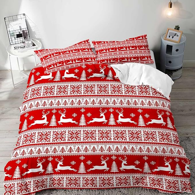 LUVIVIHOME 3PCS Christmas Duvet Cover Queen Bedding Sets, Red Duvet Cover, White Reindeer Snowflake Christmas Tree Winter Holiday New Year Xmas Striped Comforter Quilt, 2 Pillow Shams