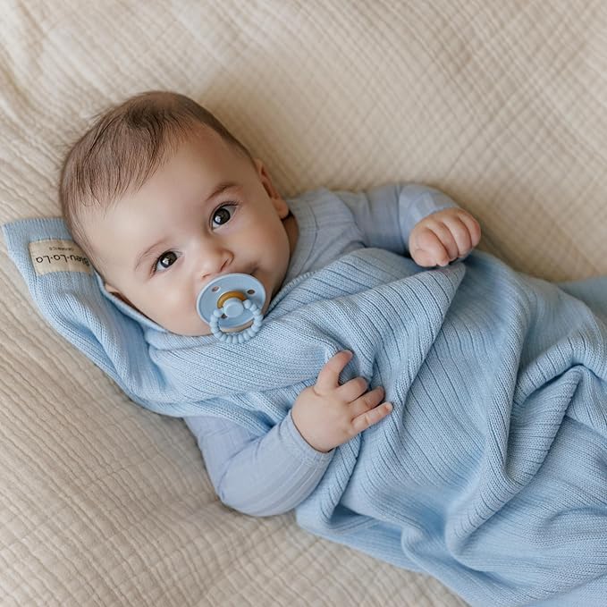 Organic Ribbed Swaddle Blanket for Boys & Girls - 100% Luxury Organic Soft Cotton Knit Warm Cozy Cuddle Stroller Blanket for Newborns, Infants, & Toddlers (Sky Blue)