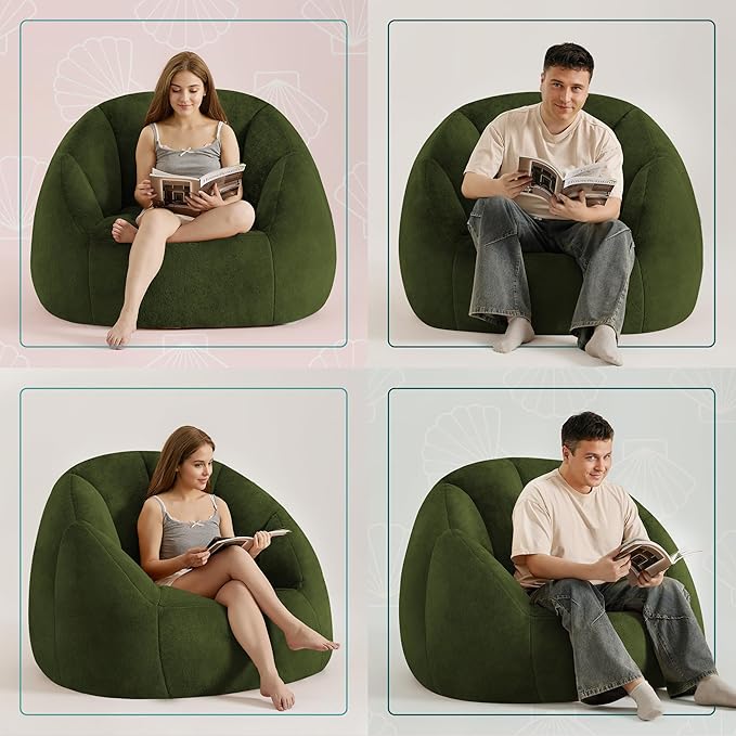 Giant Bean Bag Chair for Adults - Comfy Plush Round Shell Soft Accent Chair, Oversized Cozy Lounge Floor Sofa Reading Chair, Mini Couch for Living Room, Bedroom & Game Rooms, Dorm, Green