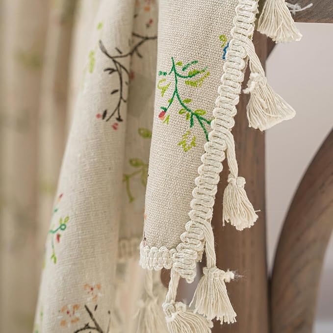 Floral Farmhouse Curtains Closet Semi-Blackout Living Room Drapes 63 Inch Length Cotton Linen Blend Short Bohemian Window Curtain Panels with Tassel Beige Rod Pocket Bedroom Drapes, 1 Panel
