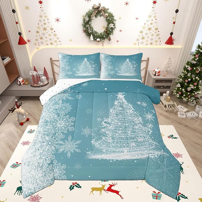 Merry Christmas Comforter Set Toddler Size,Shiny Glitter Xmas Pine Trees White Dots Decor Bedding Set for Kids Boys Girls,Blue Stars Snowflake Prubr Quilted Duvet Set with 1 Pillowcase, Soft