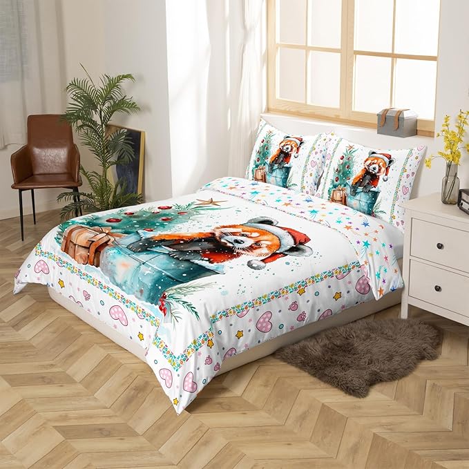 Feelyou Christmas Duvet Cover Set Xmas Tree Bedding Set for Kids Boys Girls Red Panda Love Print Comforter Cover Cute Animal Quilt Cover Room 3Pcs King Size,Zipper,No Comforter