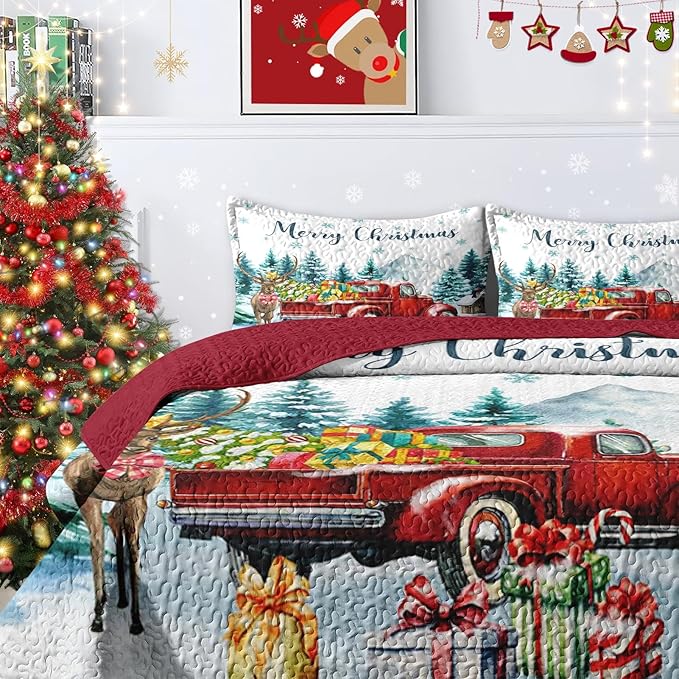 Christmas King Size Quilt Set, Red Vintage Truck Elk Lightweight Bedspread Coverlet with Pillow Shams for Kids and Adults, Winter Forest 3 Pcs Bedding Bed Cover