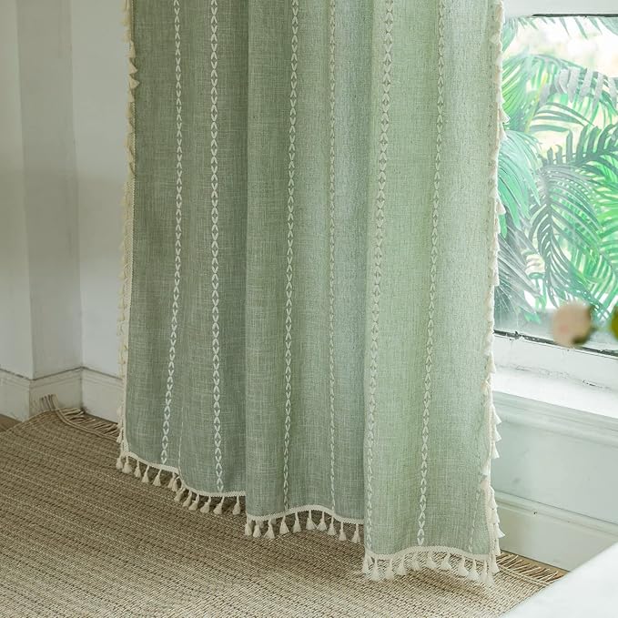 Deeprove Green Boho Curtains 84 Inches Long for Bedroom Living Room, Cotton Linen Weighted Stripes Embroidery, Semi Blackout Bohemian Farmhouse Window Treatment Drape Tassels 1 Panel W52 x L84 Sage
