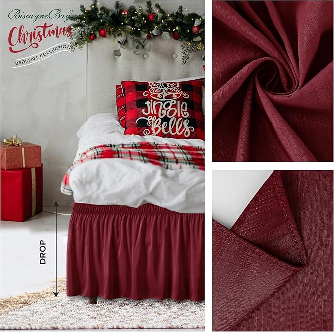 Biscaynebay Wrap Around Bed Skirts for Queen Beds 19" Long Drop, Burgundy Adjustable Elastic Dust Ruffles Easy Fit Wrinkle & Fade Resistant Silky Luxurious Fabric Solid Machine Washable