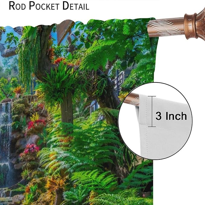 Waterfall Blackout Window Curtains, Spring Forest Nature Landscape Theme Pattern Print Window Drapes, for Living Room Bedroom 63x72in 2 Panels
