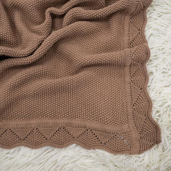 Baby Knit Blanket Soft Breathable Cotton Scallop Border Blankets Newborn Knitted Blanket Swaddle Blankets Gifts for Baby Newborn Toddler Shower Boy Girl New Mom Birthday Christmas Mocha 28x36