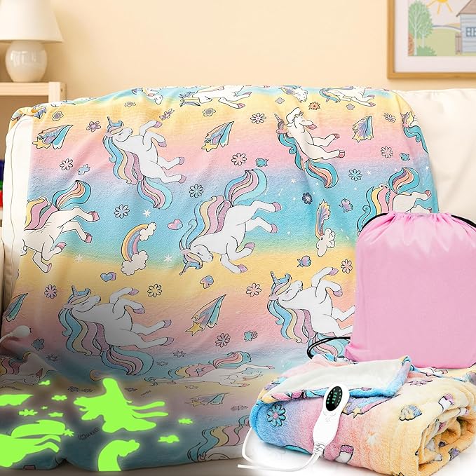 Kids Heated Blanket Glow in The Dark Unicorn Children Heating Blanket Girls Boys 50"x60" Electric Throw with 10 Heating Levels & 8 Hours Auto Off Etl Certified Machine Washable