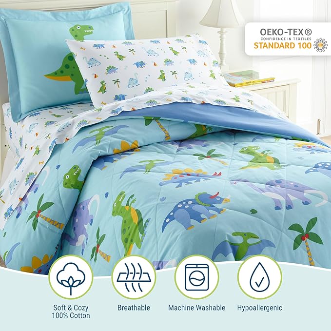 Wildkin 5-Piece Twin Bedding Set – 100% Cotton Comforter, Sheets & Pillowcase for Cozy Cuddles - Dinosaur Land
