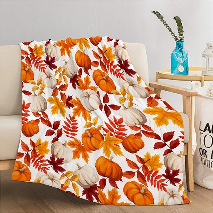 Fall Throw Blanket - Pumpkin Maple Leaf Autumn Blanket - Thanksgiving Fall Decor Gift - Ultra Plush Cozy Lightweight Thanksgiving Pumpkin Blanket for Sofa,Bed,Couch - 40"x50"-Kids/Throw Size