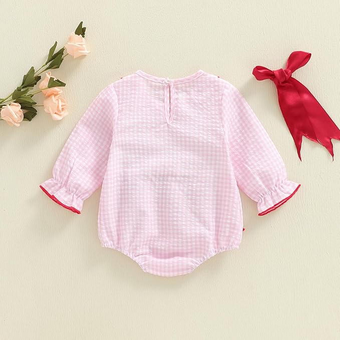 Amiblvowa Baby Girl Valentines Day Outfit Embroidery Love Heart Smocked Bubble Romper Bodysuit Cute Infant Newborn Clothes