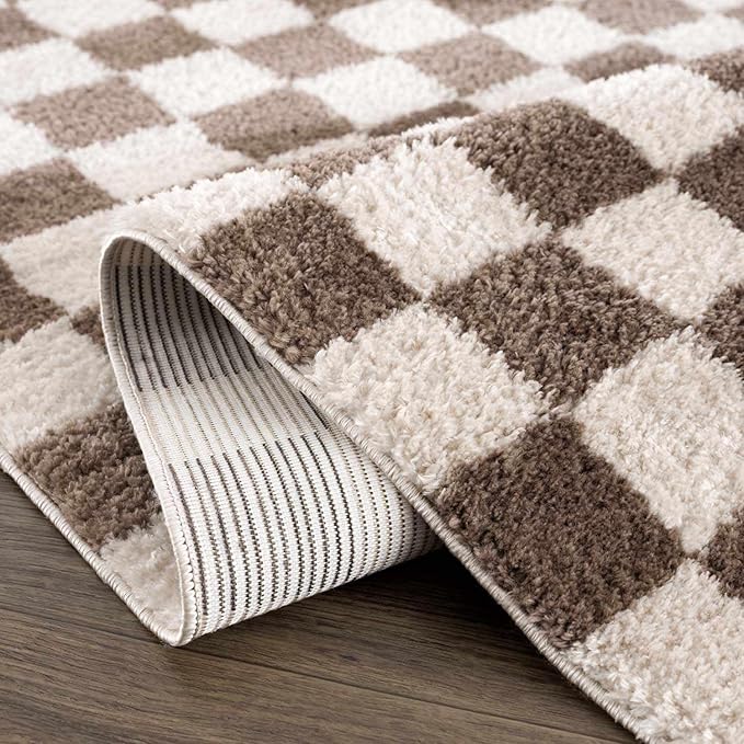Hauteloom Canika Modern Checkered High Pile Area Rug - Contemporary Geometric Carpet for Living Room, Bedroom - Machine Washable Area Rug - Peach, Dark Brown - 5'3" x 7'
