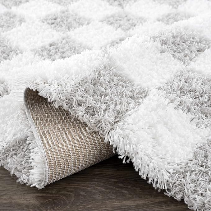 Hauteloom Atira Contemporary Checkered Fluffy Shag Area Rug - Modern Geometric Carpet Tiles for Living Room, Kids Room, Nursery - Plush Pile - Light Gray, Cream - 18" Sample