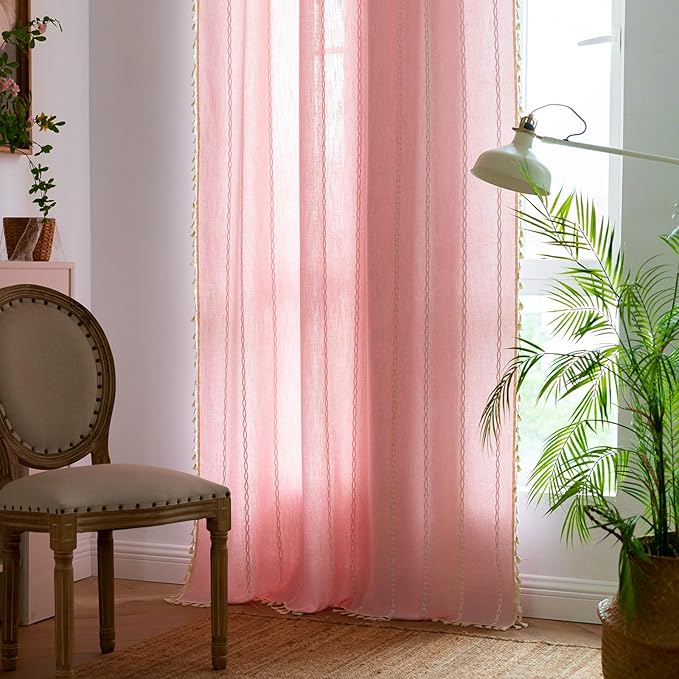 Deeprove Pink Boho Curtains 96 inches Long for Baby Princess Teenage Girl School Bedroom Nursery Room, Blush Bohemian Embroidery Farmhouse Privacy Fringes Window Treatments Decor, W52 x L96, 1 Panel