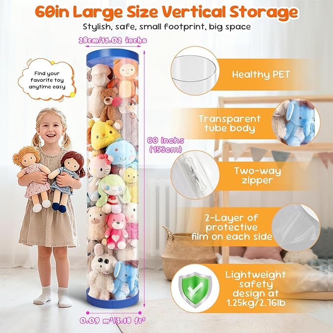 2 Pack Stuffed Animal Storage Tube - Clear 60 inch Large Vertical Toy Organizer, PET Transparent Display Holder for Plushies, Kids Stuffed Animals Zoo for Playroom, Living Room, Bedroom (Sky Blue)
