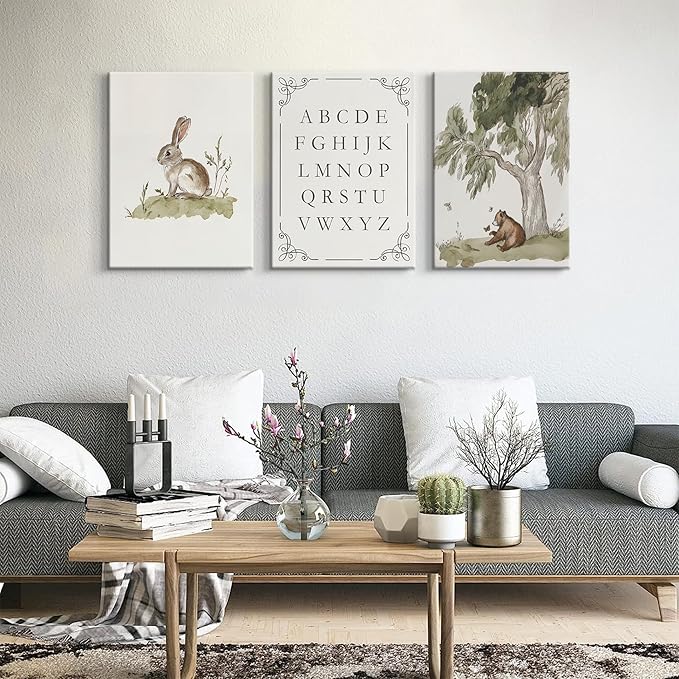LSXARTQQ Set of 3 Woodland Nursery Wall Art Neutral Forest Animal Alphabet Canvas Wall Decor Vintage Nursery Wild Animals Paintings Pictures Kids Boys Girl Room Bear Bunny Artwork Prints(12x16inch)