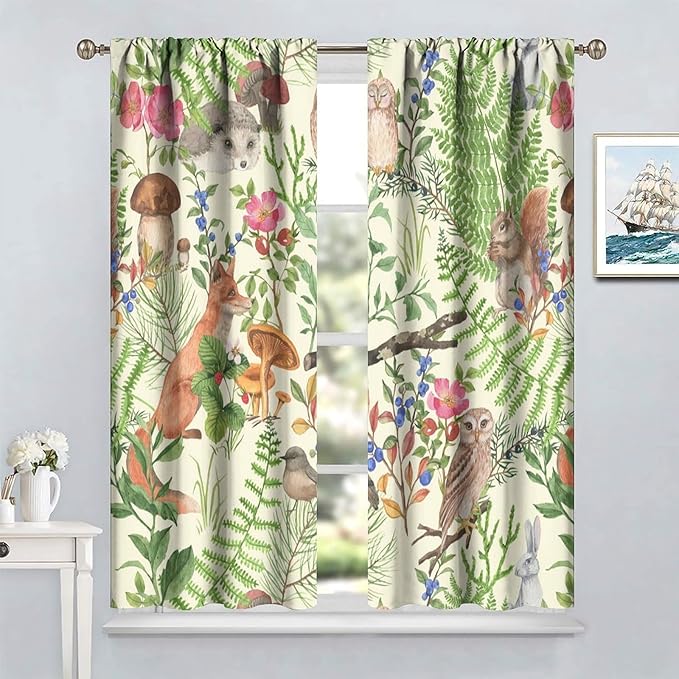 Forest Animal Curtains, Kids Rustic Wild Animal Window Treatments Watercolor Cute Woodland Fox Hedgehog Window Drapes for Nursery Toddler Bedroom 72x63in