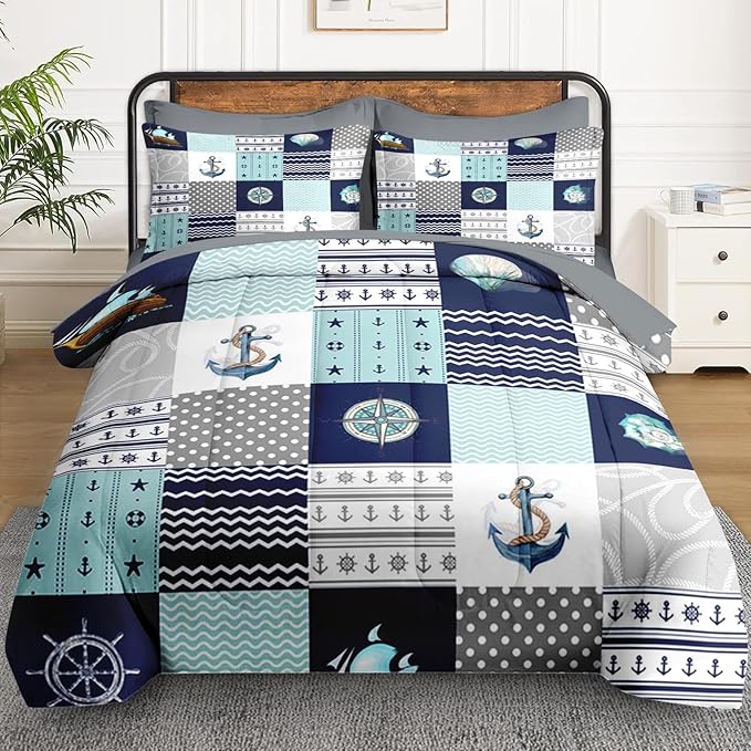 7 Pcs Queen Size Comforter Set with 2 Pillowcases & 2 Shams, Nautical Blue Marine Summer Bedding for Kids and Adults, Sea Ocean Boat Plaid Bed in a Bag with Flat Fitted Sheet