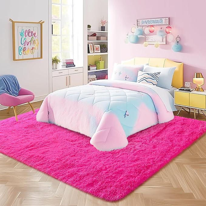 Fluffy Rug 2x3 Feet - Preppy Girls Fuzzy Rugs College Dorm - Small Cute Chair Rug Washable for Nursery- Hot Pink