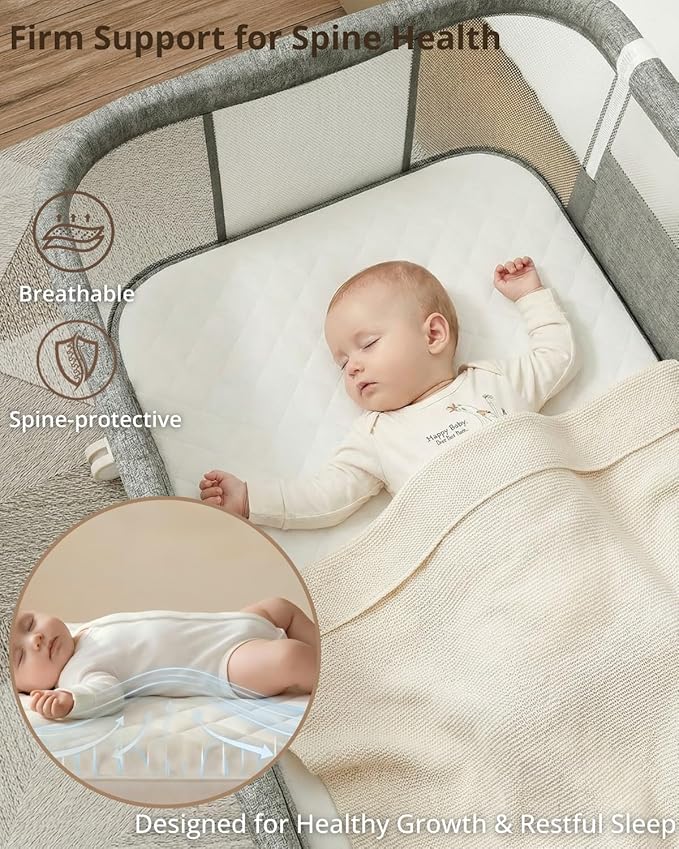 3 in 1 Baby Bassinet Bedside Sleeper with Mattress and Wheels, 5 Height Adjustable Bed Side Bassinets for Newborn, Gray Rocking Bassinet for Baby