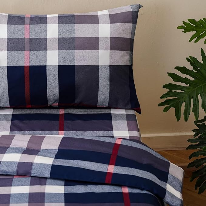 CLOTHKNOW Blue Plaid Toddler Bedding Sets for Boys, 4 Pieces Tartan Check Pattern, Soft Crib Bed Set Including Comforter, Flat Sheet, Fitted Sheet and Pillowcase, Yellow