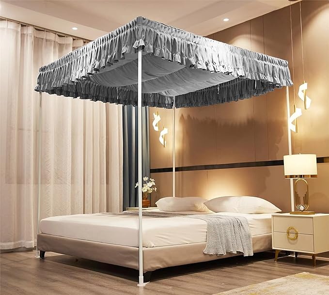 VETHIN Elastic Roof Style Four Corner Post Princess Bed Canopy Curtains Cozy Breathable Tent Canopy Mosquito Net for Girls & Adults Bedroom Decoration (Grey, 59-64" W*82" L*82"*H/(Queen))