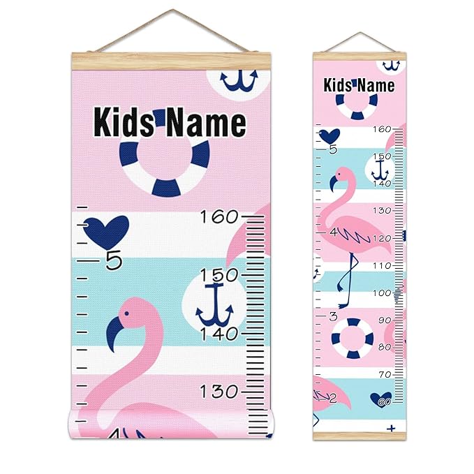 Personalized Kids Name Growth Chart Ruler for Wall Wood Frame Height Measure Chart 13.4x56 in Linen Hanging Height Growth Chart Pink Flamingos Anchor Nautical Kids Room Decor