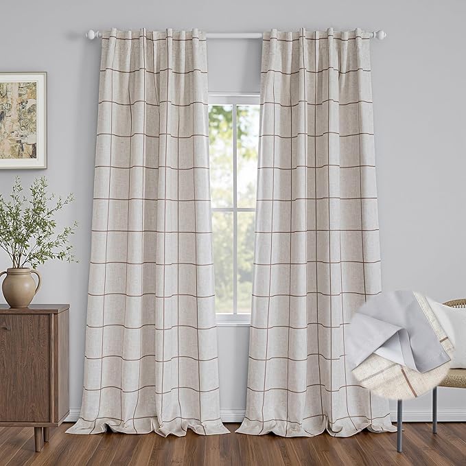 MYSKY HOME 100% Blackout Plaid Farmhouse Linen Curtains 102 Inch Length 2 Panels Set Double Layer Checkered Drapes Thermal Insulated Privacy Protection Rod Pocket Back Tab for Home, 52" W, Brown