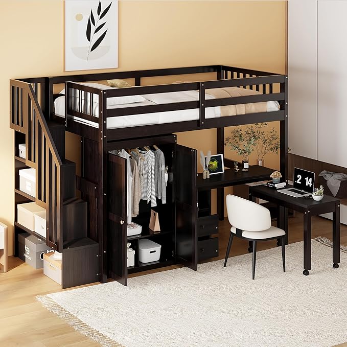 Merax Kids Twin Multifunction Loft Bed with Desk/Wardrobe, Wood Storage Loft Bed with Staircase, Bookshelf & Drawers, No Box Spring Needed, Space Saving, Espresso