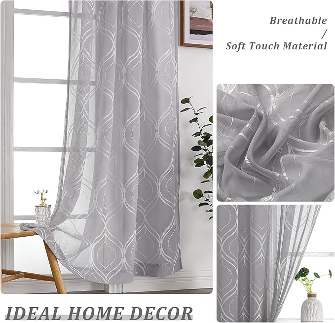 VISIONTEX Sheer Curtains 95 Inches Long 2 Panels Set Light Grey Moroccan Embroidered Curtains Trellis French Textured Rod Pocket Voile Tulle Semi Window Drapes for Bedroom Living Room 54 x 95 Inches