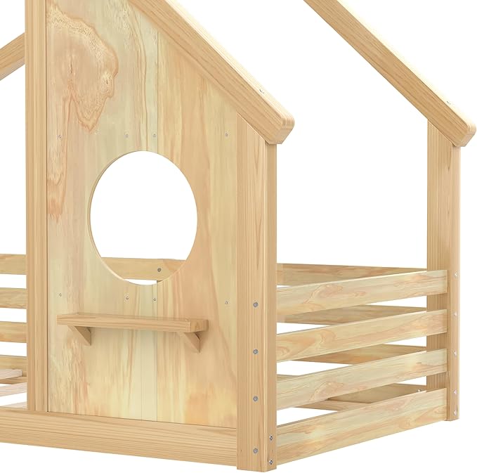SOFTSEA Twin Size House Bed Frame, Kids Floor House Bed with Window and with Storage Shelf for Boys Girls, Wood Montessori Bed with Slats and Guardrails, Natural